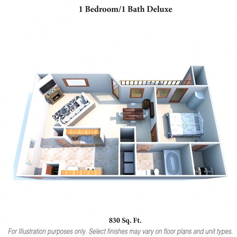 Floor plan for 1 bed, 1 bath, 830 sqft
